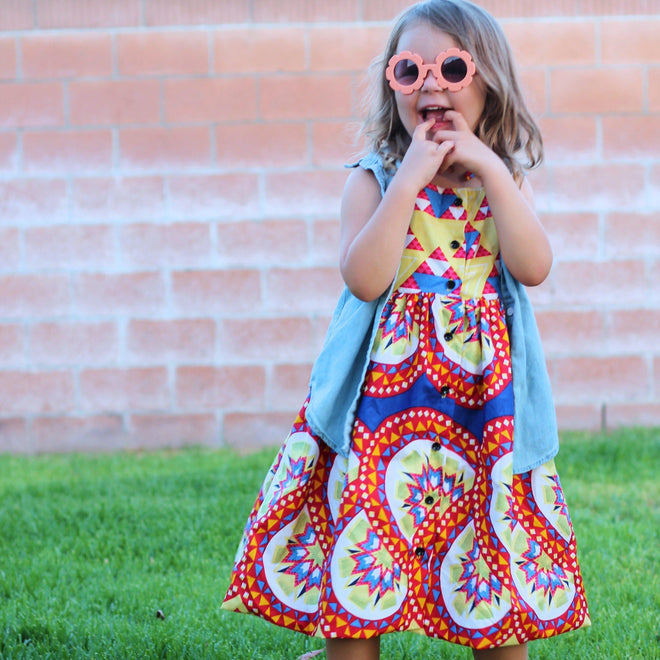 Tami Dress - Yellow, Red, Blue Eclectic Print-Elisamama